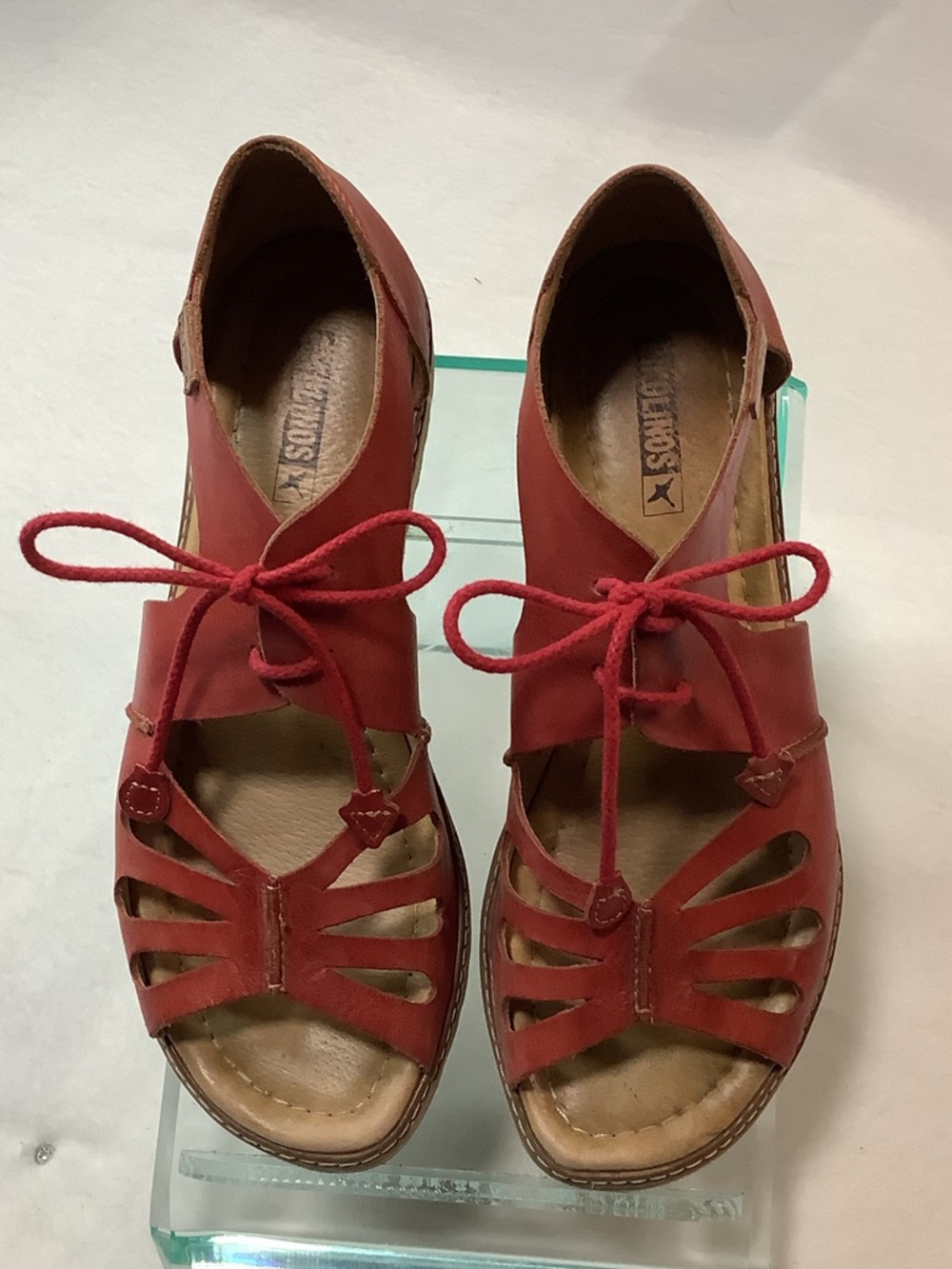 PIKOLINOS Red Leather Lace-Up Cutout Sandals